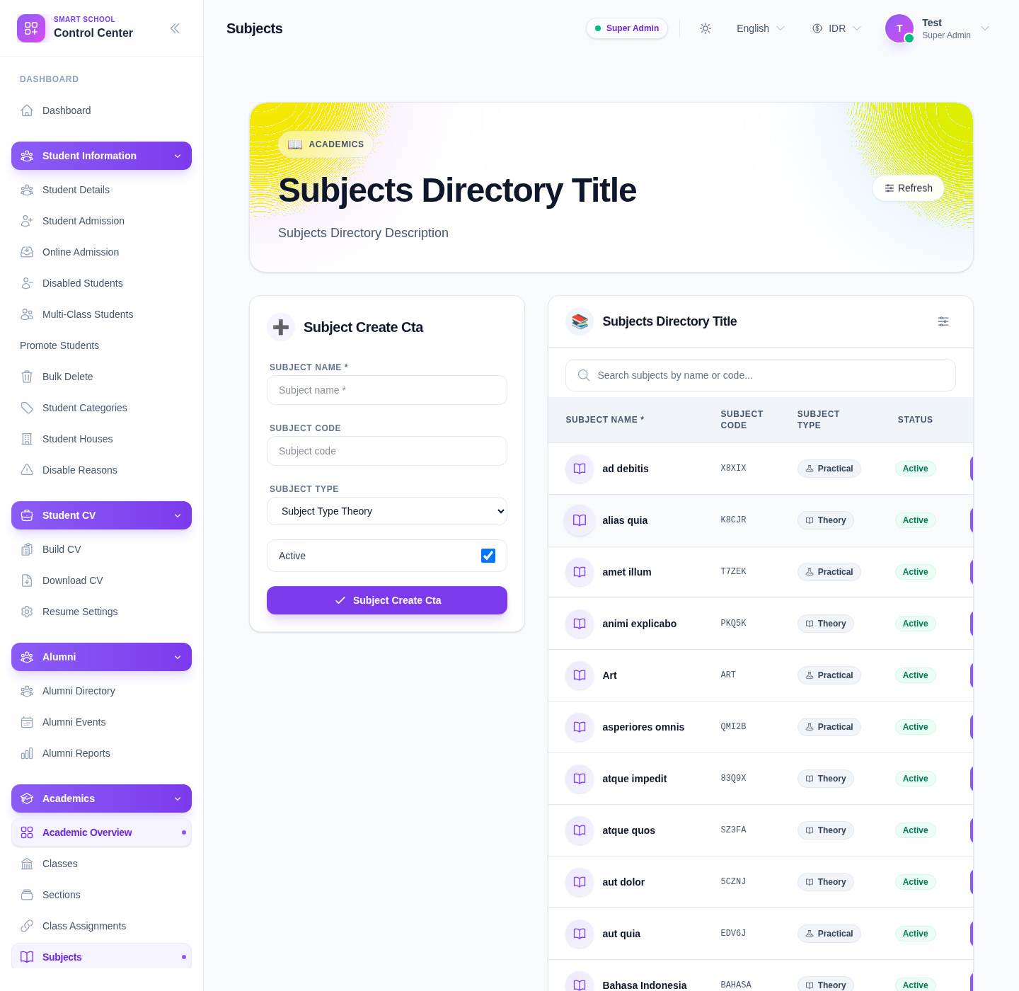 Subjects page with the subject creation form, subject search, and subjects directory table.
