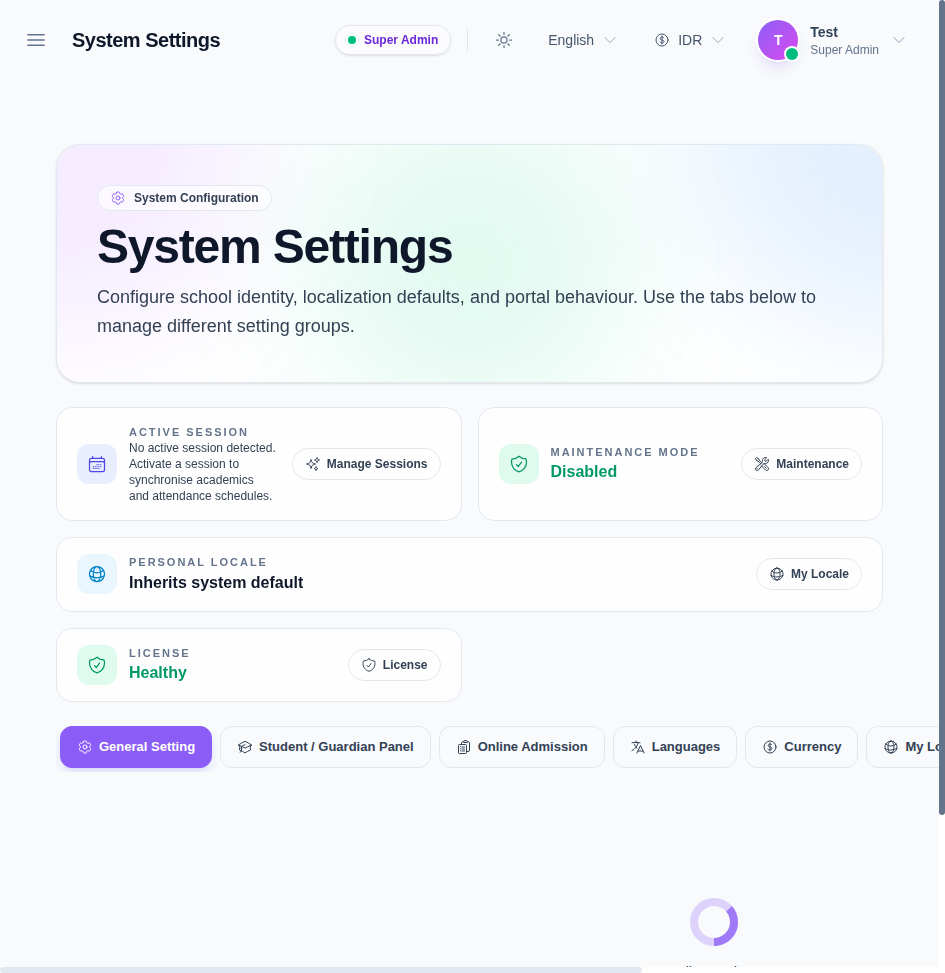 System Settings workspace showing the summary cards and the tab row for general, student, admission, language, currency, locale, WhatsApp, license, and maintenance settings.