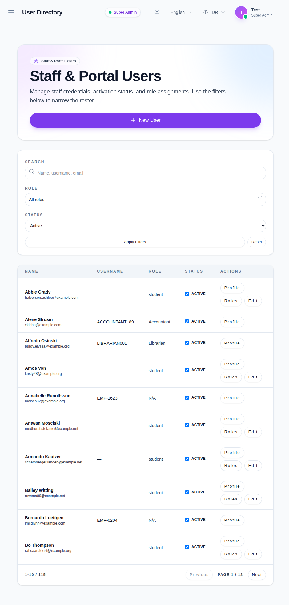 User Directory workspace showing the staff and portal users header, search field, role filter, status filter, and the user table.