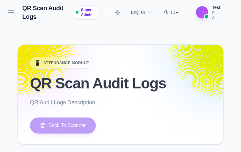 QR Scan Audit Logs page with filters for admission code, date, status, and device.