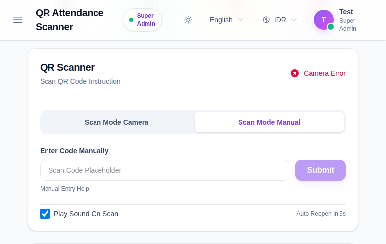 Manual QR mode entry form on the attendance scanner page.