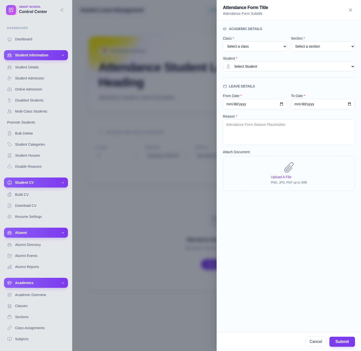 Student Leave Management page with the leave form open, showing academic details and leave details fields.