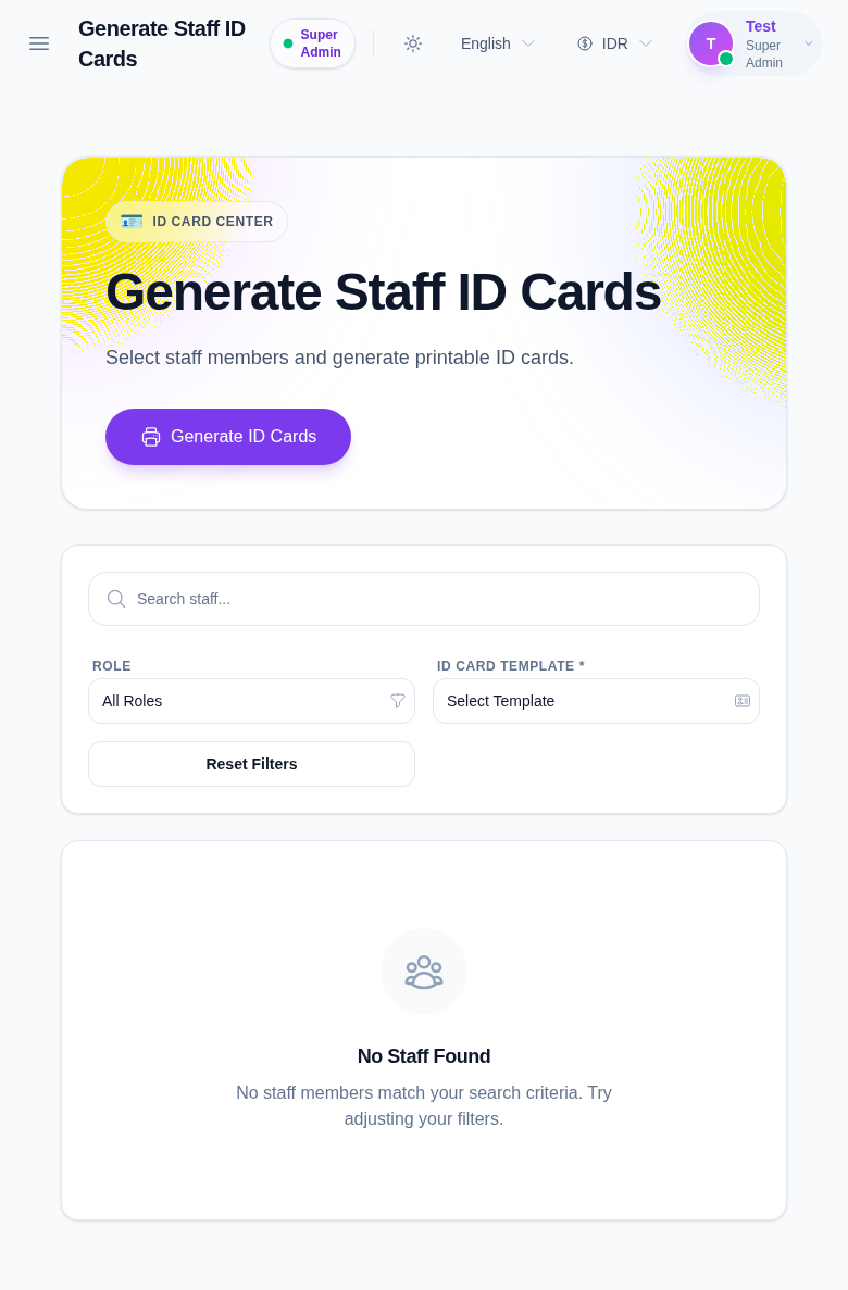 Generate Staff ID Cards page showing the role and template filters with an empty staff list.