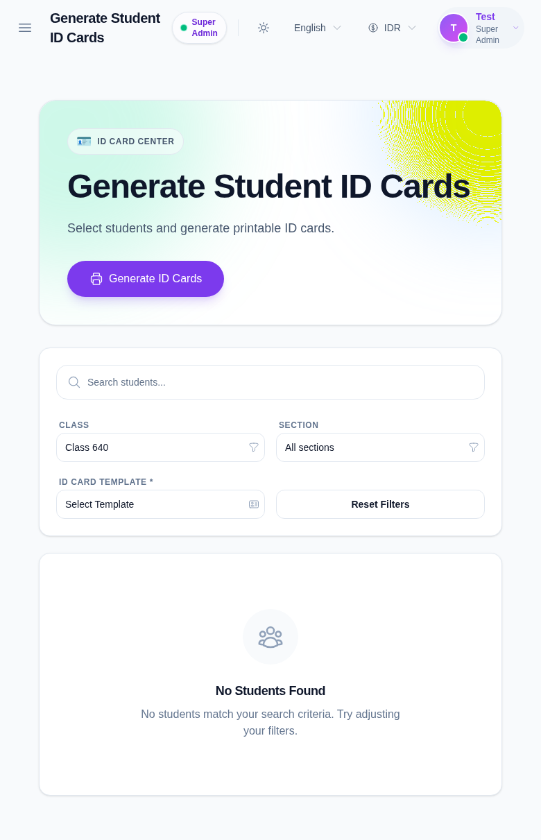 Generate Student ID Cards page showing the class, section, and template filters with an empty student list.