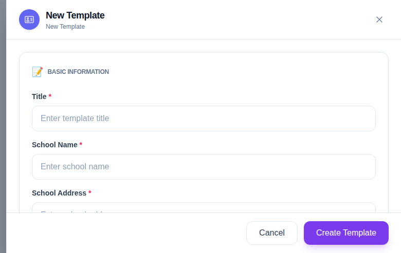 New Template drawer with basic information fields, image uploads, and field toggles for student ID cards.