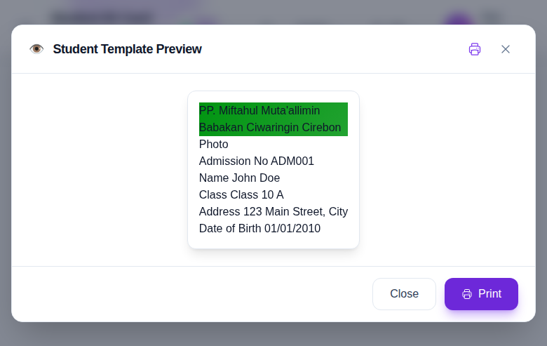 Preview modal rendering the student ID card template in a card-sized layout.
