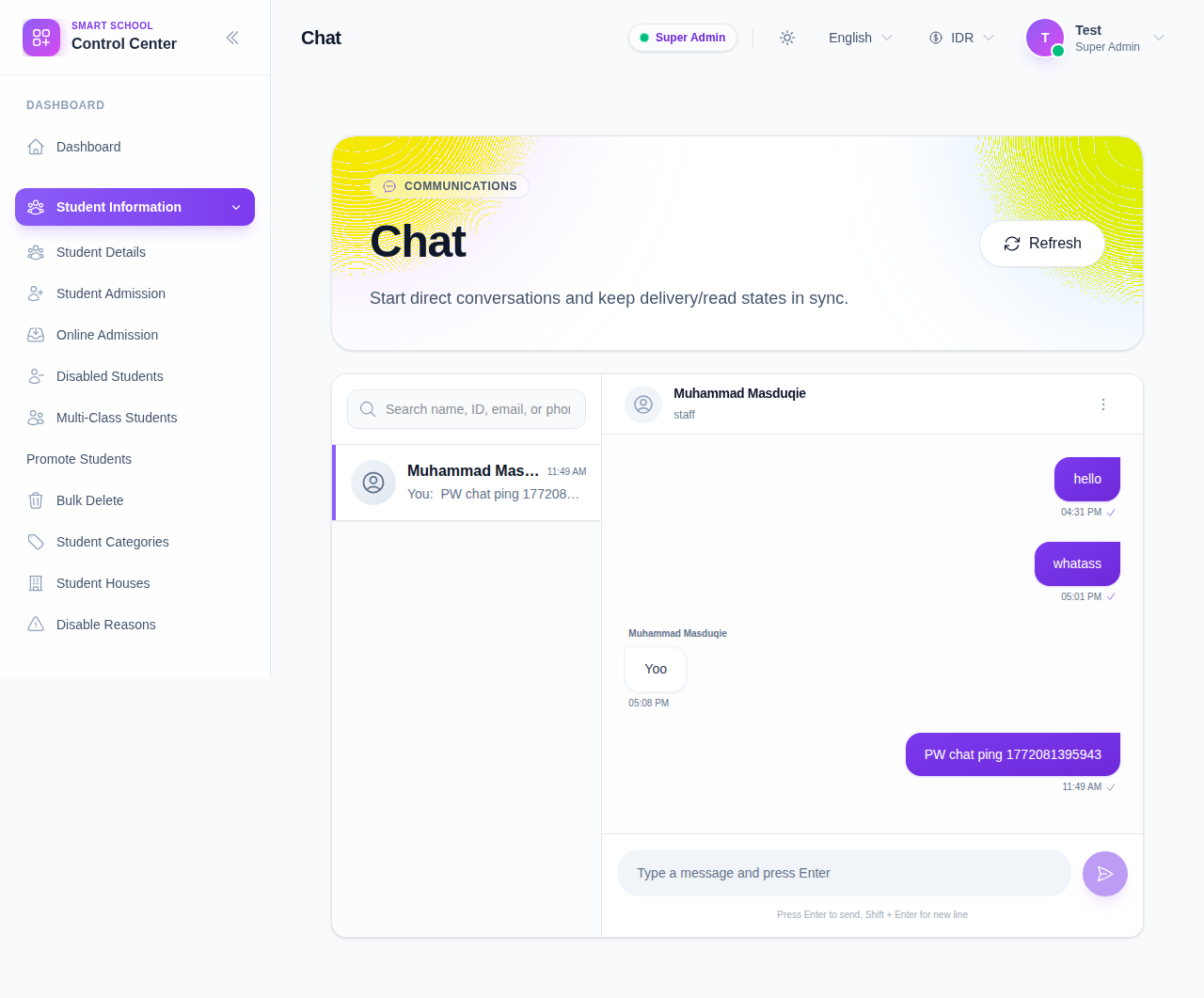 Chat workspace showing the conversation list, active thread, and message composer.