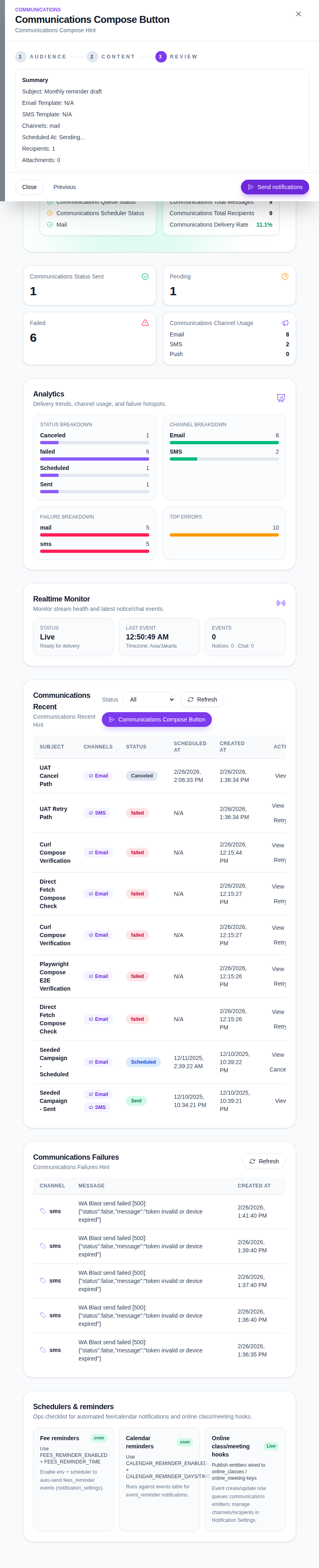 Communications compose review step showing summary details and the send notifications action.
