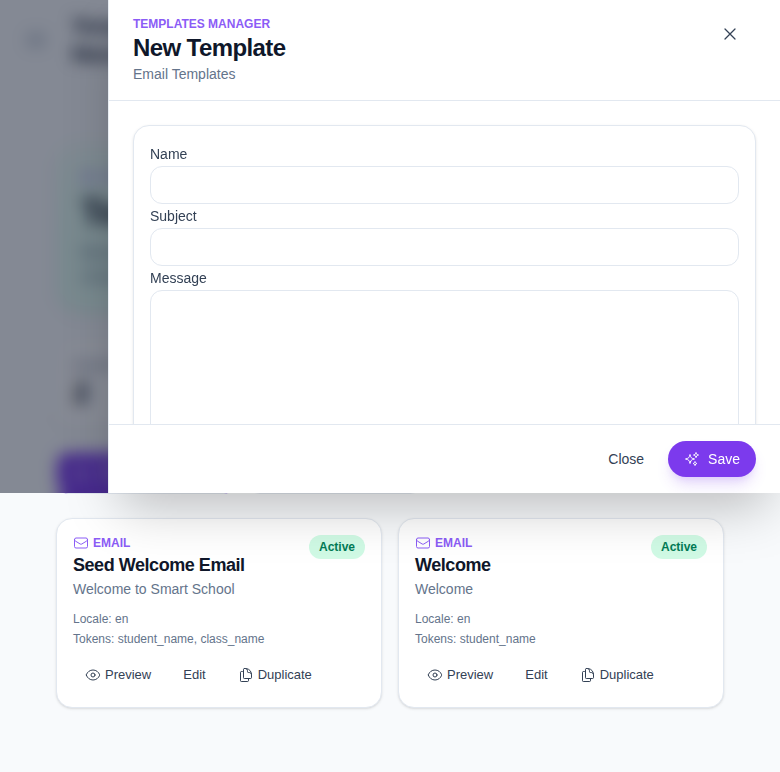 New Template drawer in Templates Manager with fields for email or SMS template content.