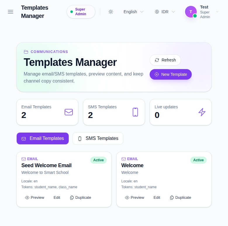 Templates Manager workspace showing email and SMS tabs, summary cards, and template rows.