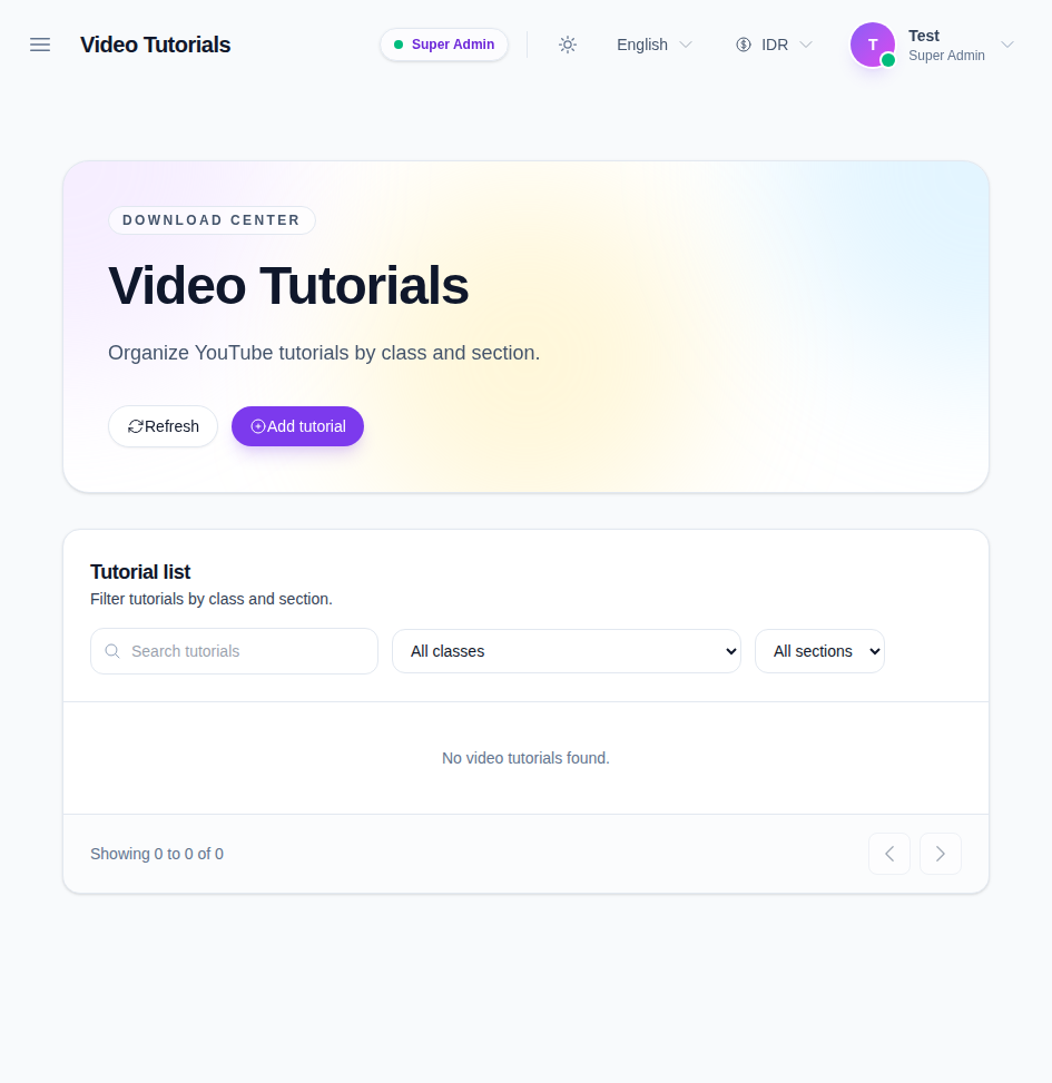 Video Tutorials workspace showing the tutorial list, search and filter controls, and the Add tutorial action.