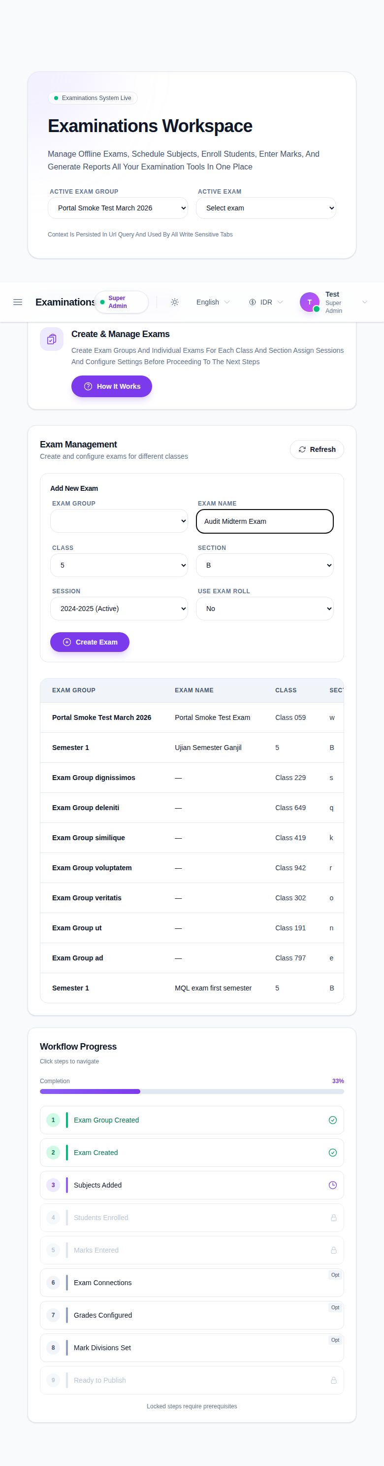 Create Exam form with class, section, session, exam group, and exam name set before saving.