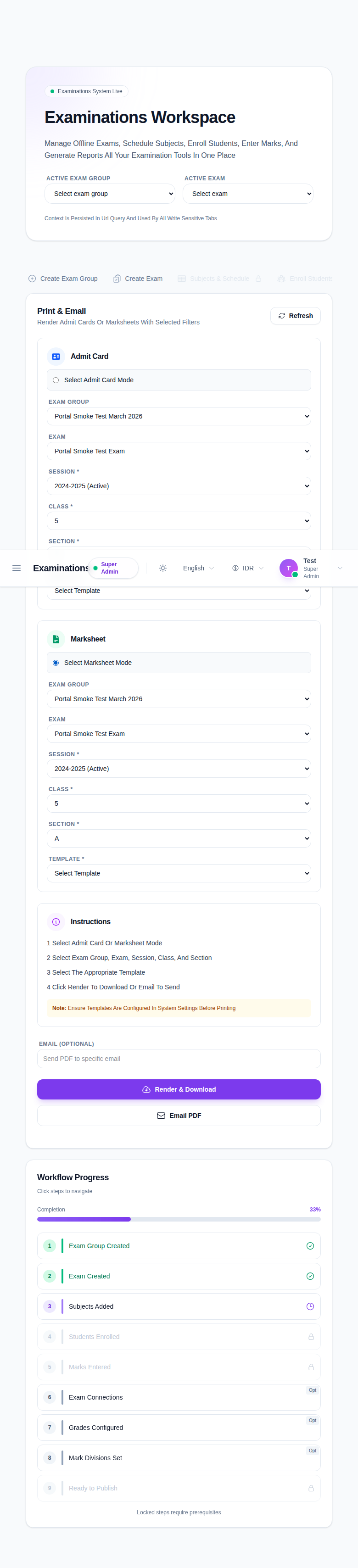 Marksheet mode in Print & Email with marksheet template selection.