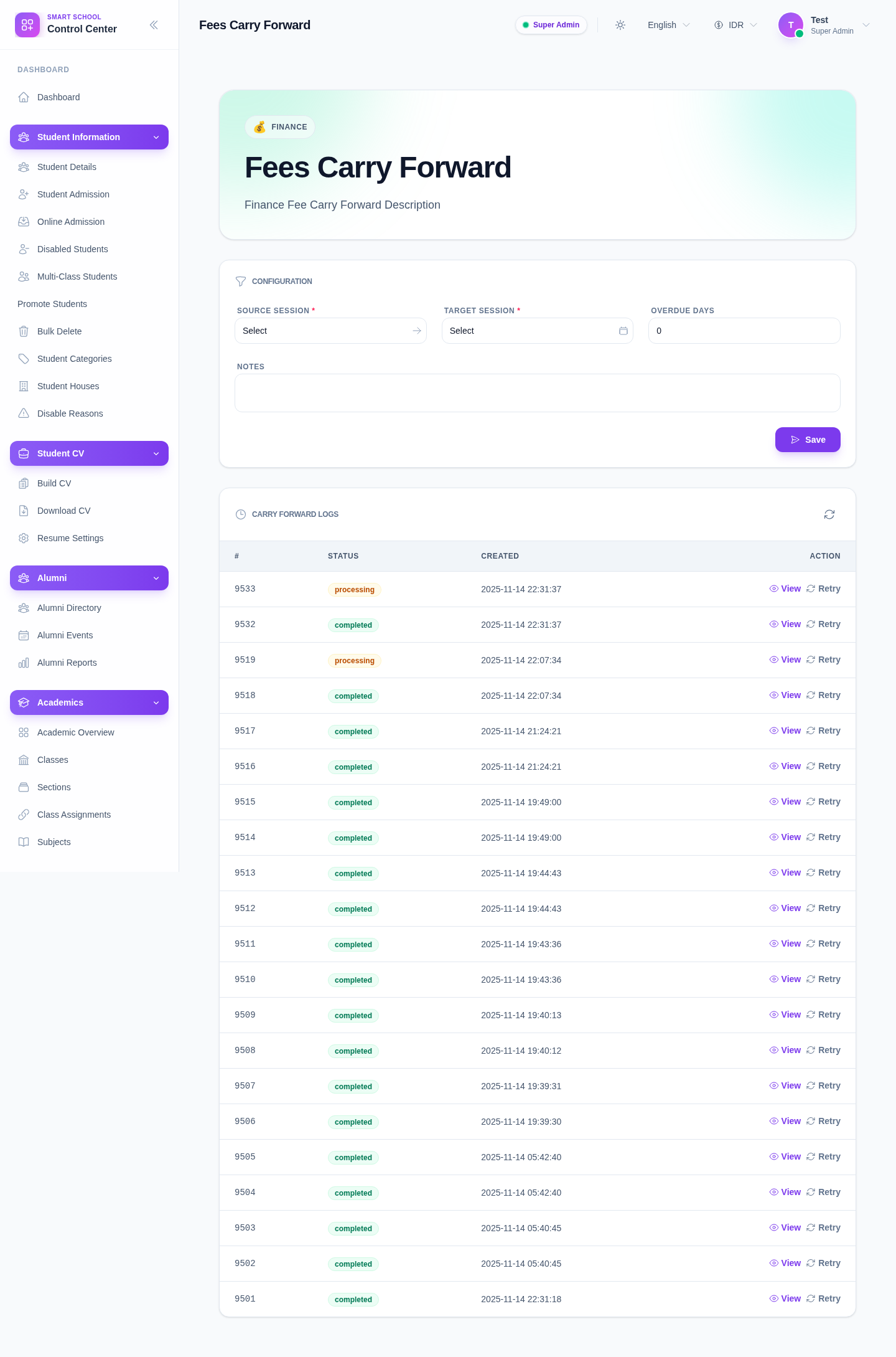 Fees Carry Forward workspace showing source and target session controls plus carry-forward logs.