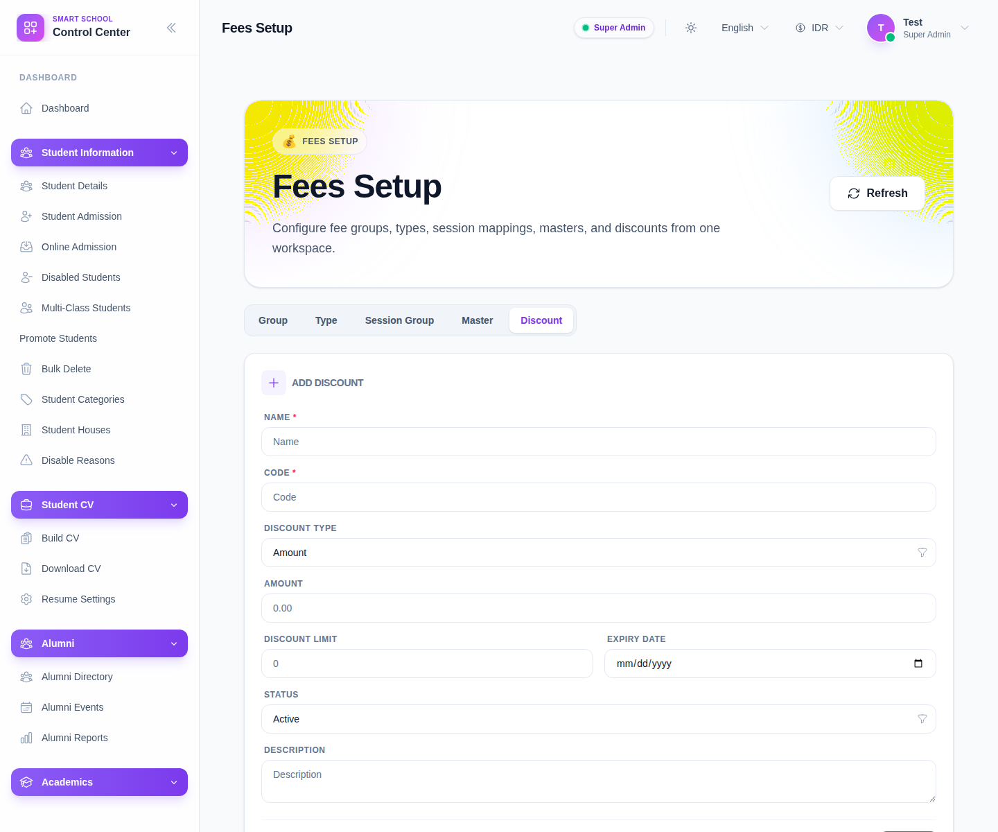 Fees Setup workspace on the Discount tab showing the Add Discount form and the discounts table.