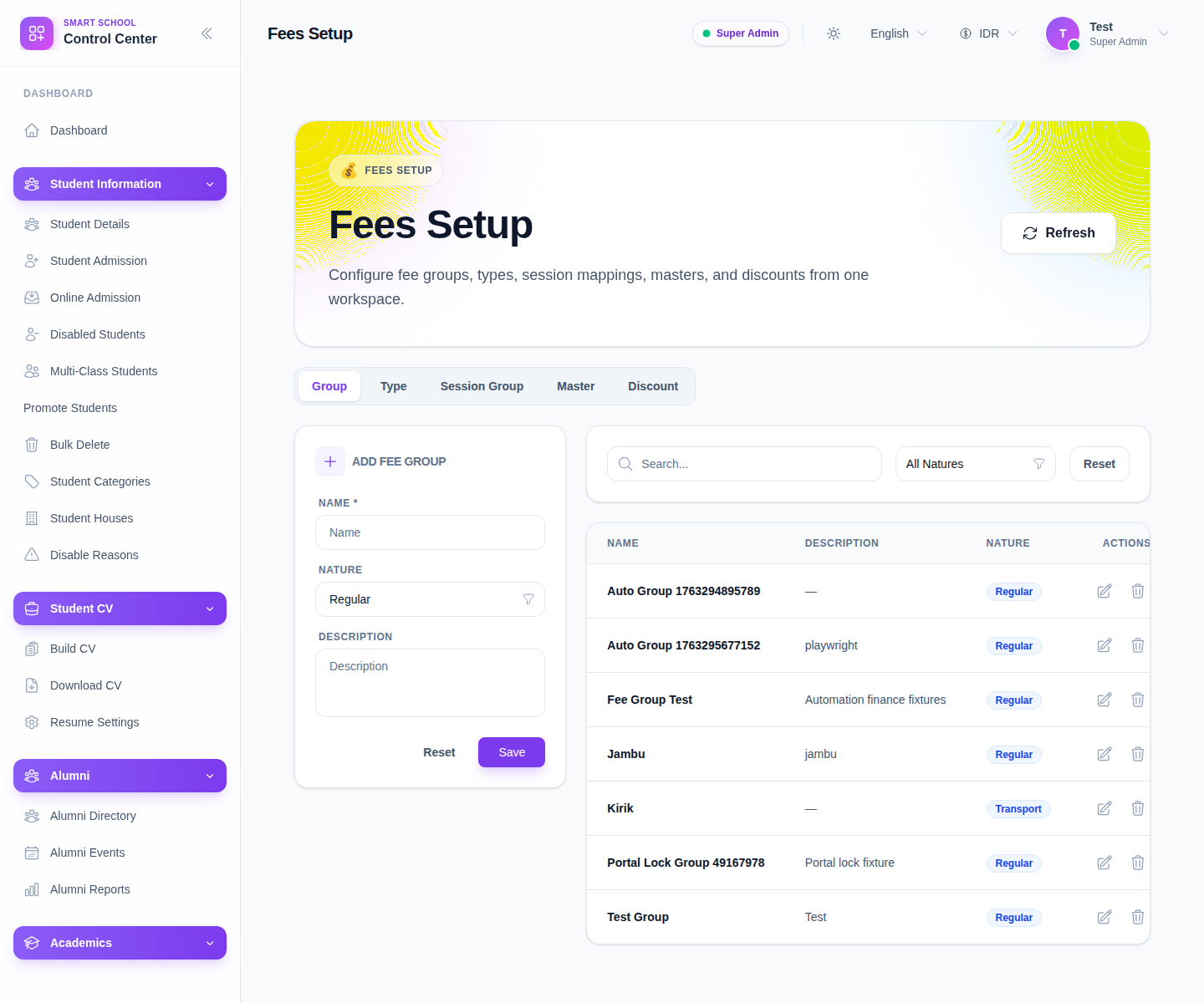 Fees Setup workspace on the Group tab showing the Add Fee Group form, search tools, and fee-group table.