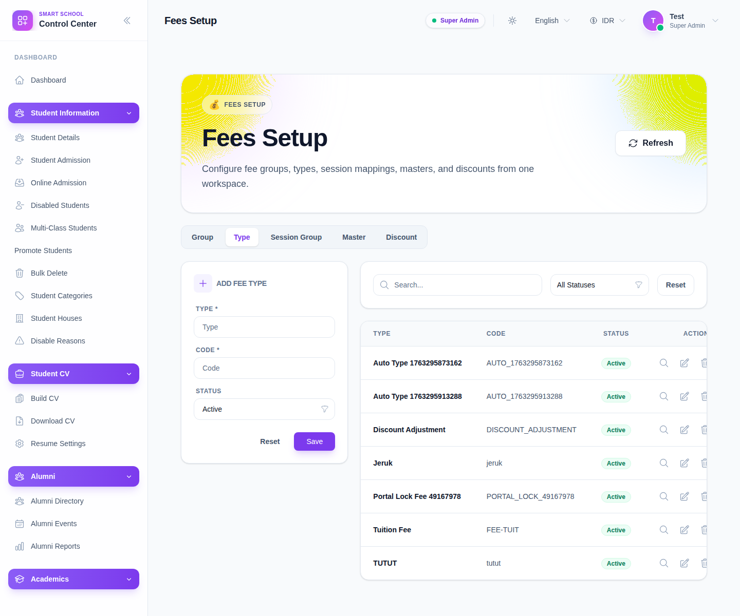 Fees Setup workspace on the Type tab showing the Add Fee Type form and the fee-type table.