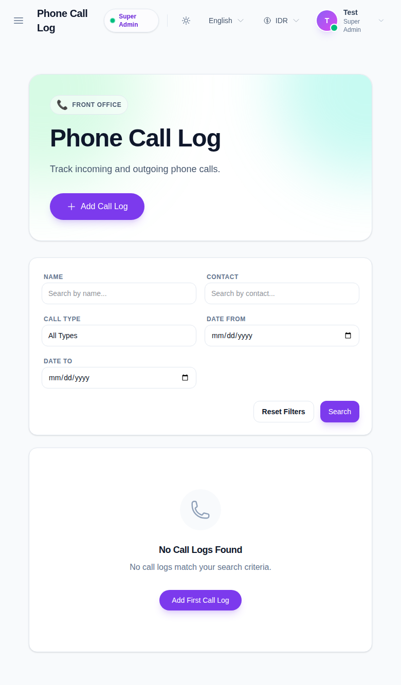 Phone Call Log workspace with filters and add call log action.