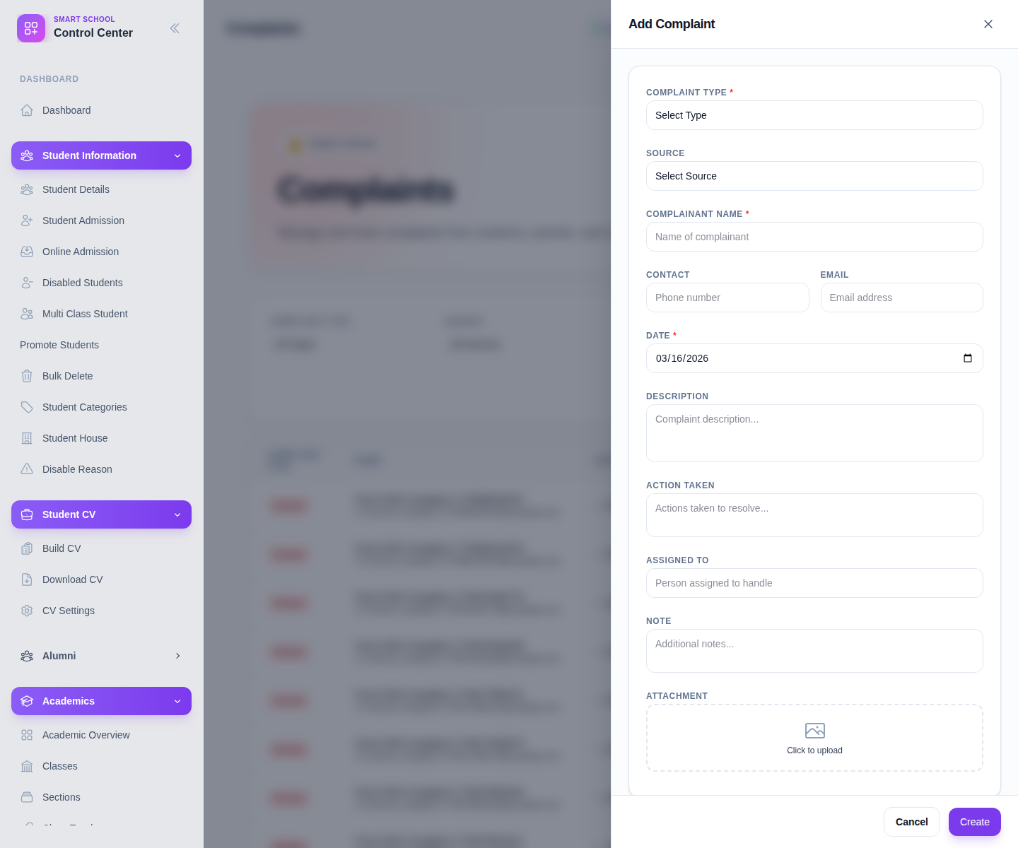 Add Complaint drawer with complaint type, source, complainant details, description, action taken, and attachment fields.