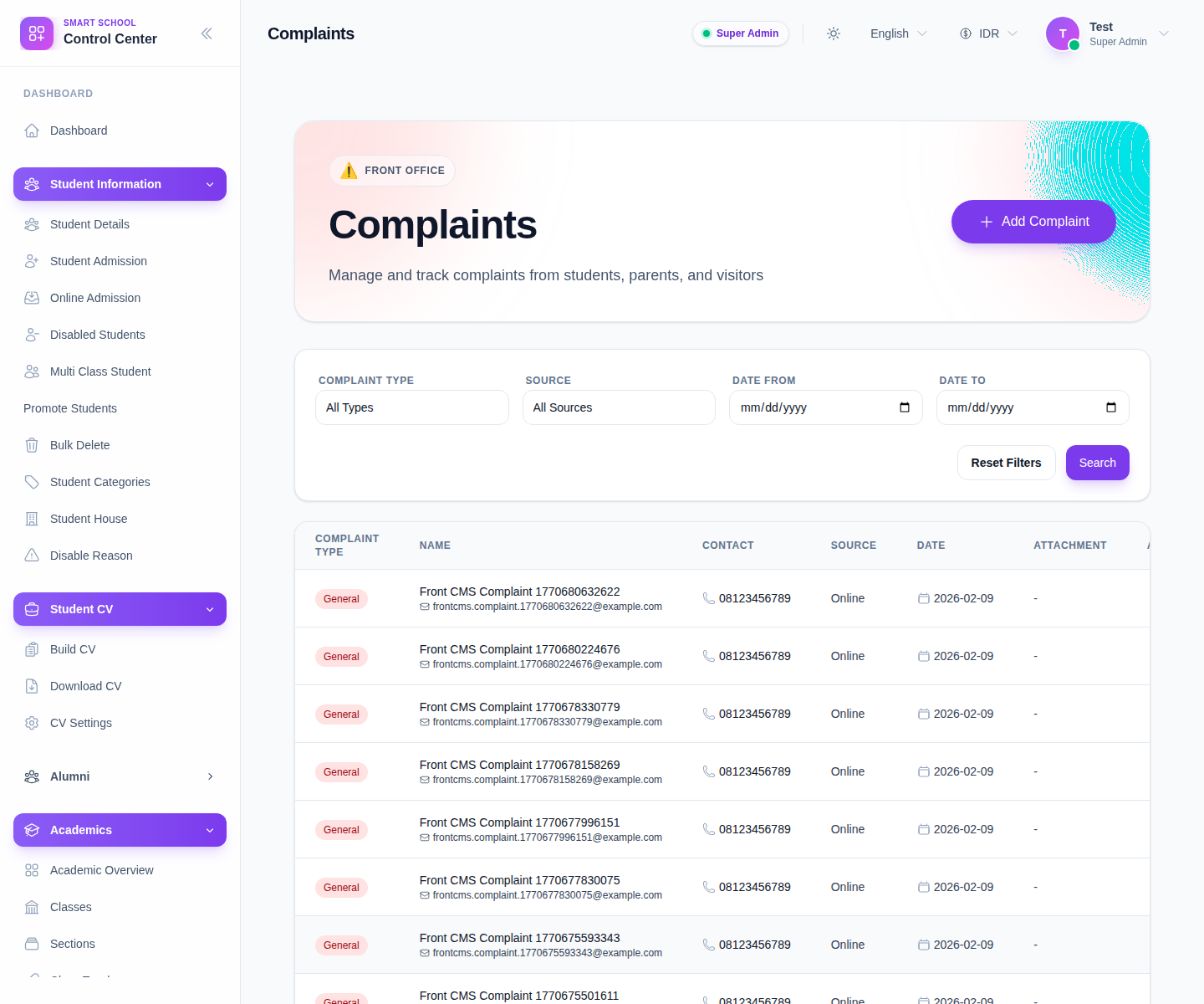 Complaints workspace with filters and add complaint action.