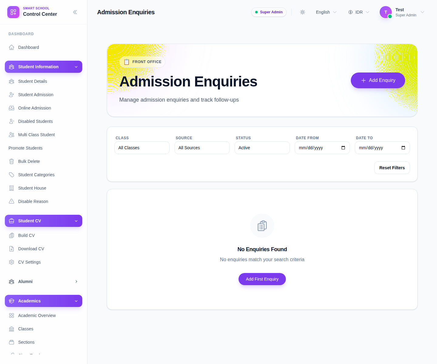Admission Enquiries workspace with hero section, filters, and add enquiry action.