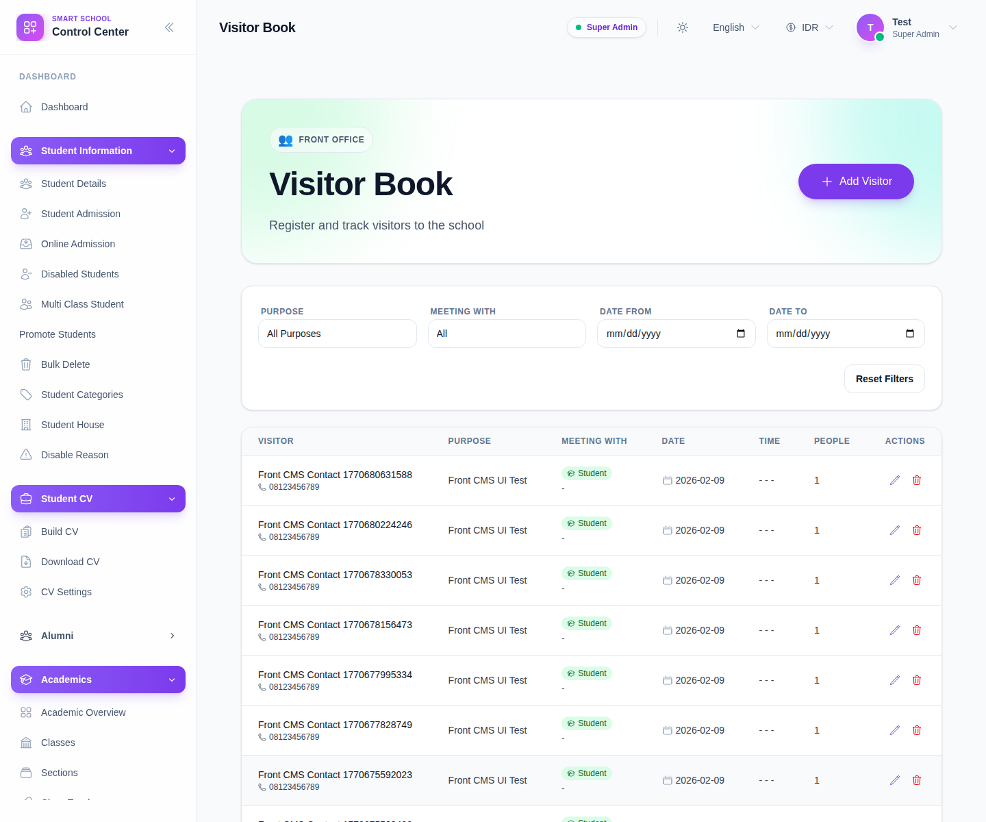 Visitor Book workspace showing visitor table, purpose filters, and add visitor action.