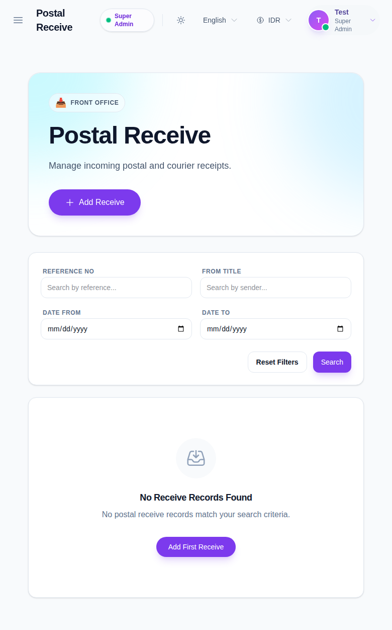 Postal Receive workspace with filters and add receive action.