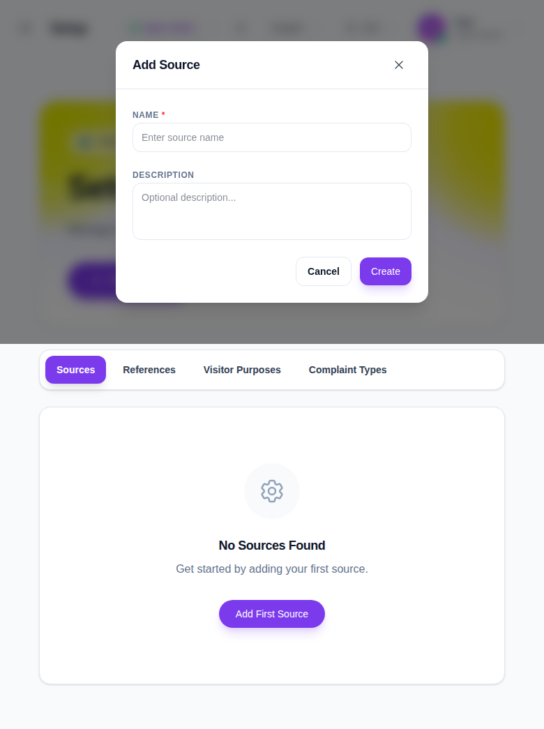 Setup modal with name and description fields.