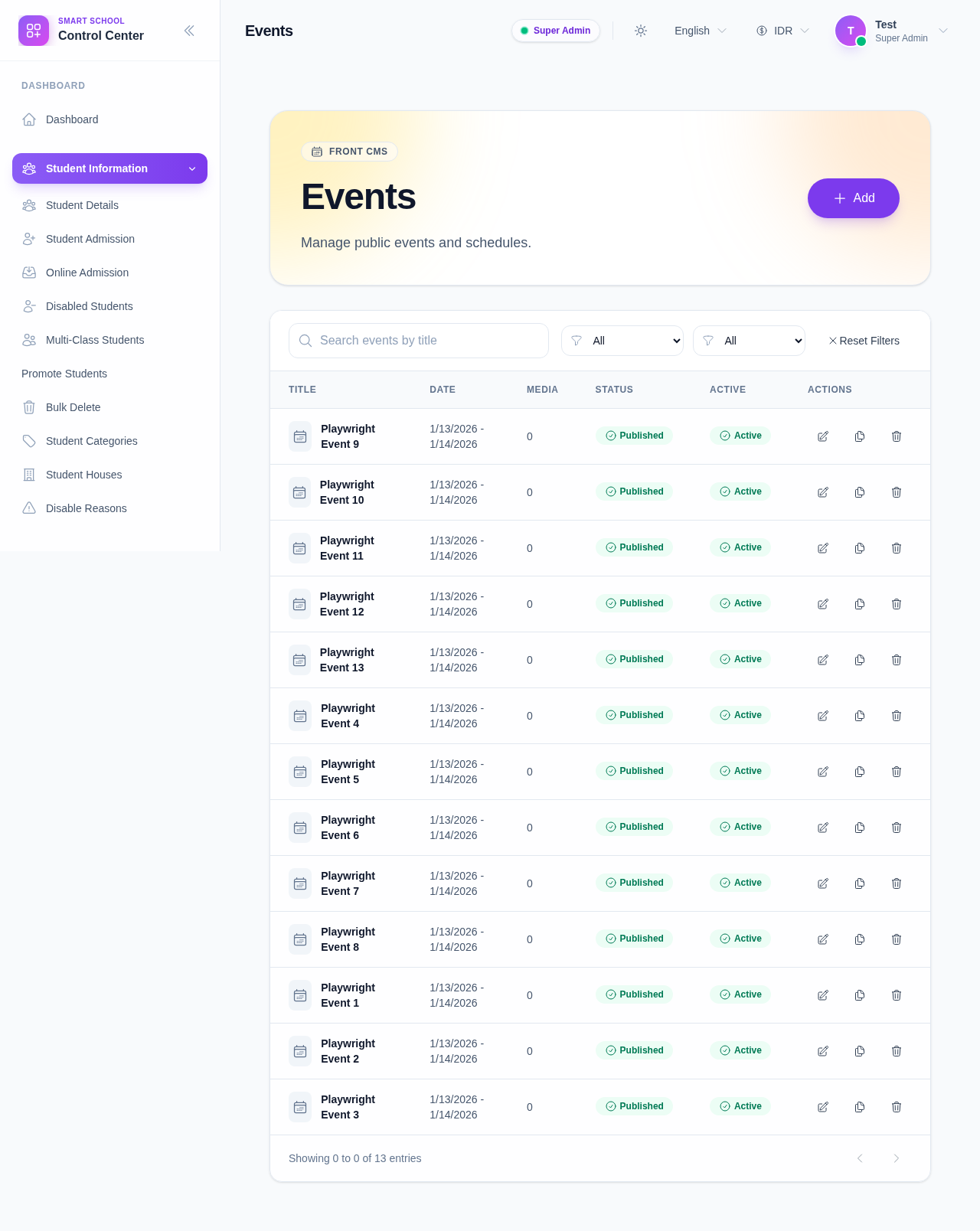 Front CMS Events workspace with event filters, date ranges, media column, publish and active toggles, and row actions.
