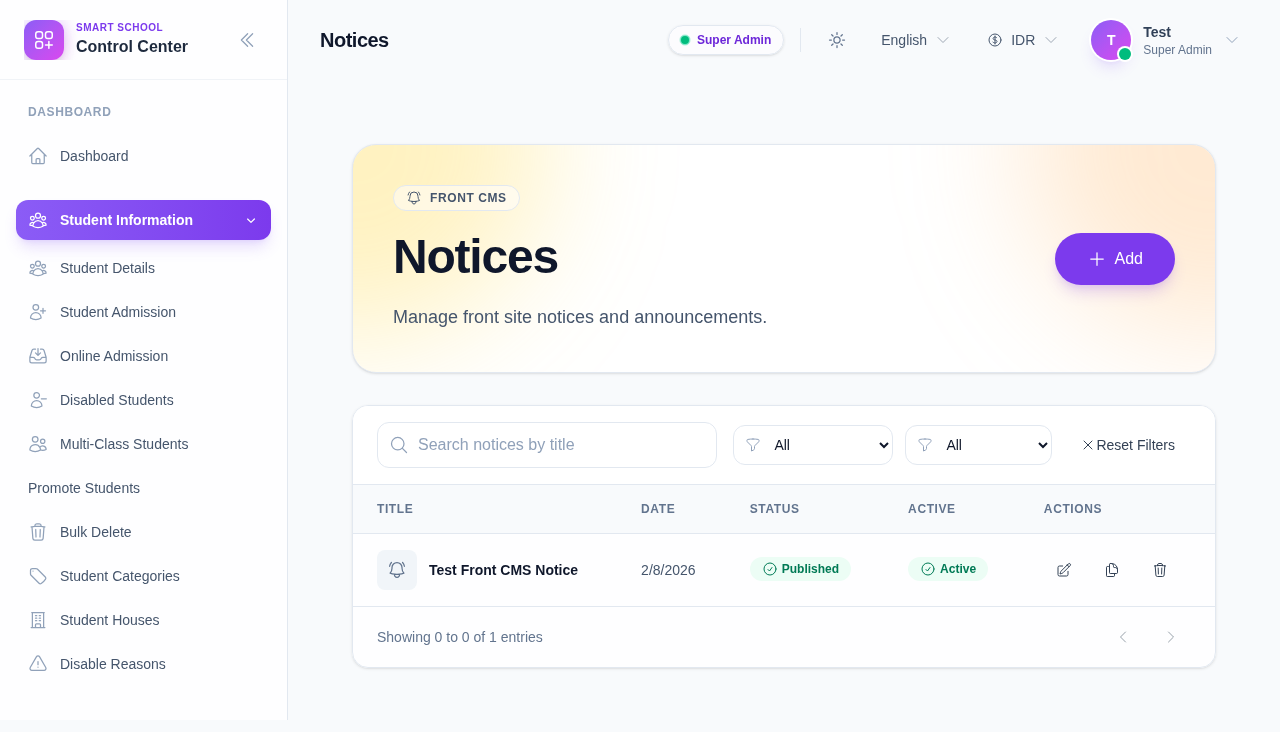 Front CMS Notices workspace with notice filters, published and active status toggles, and the notice table.