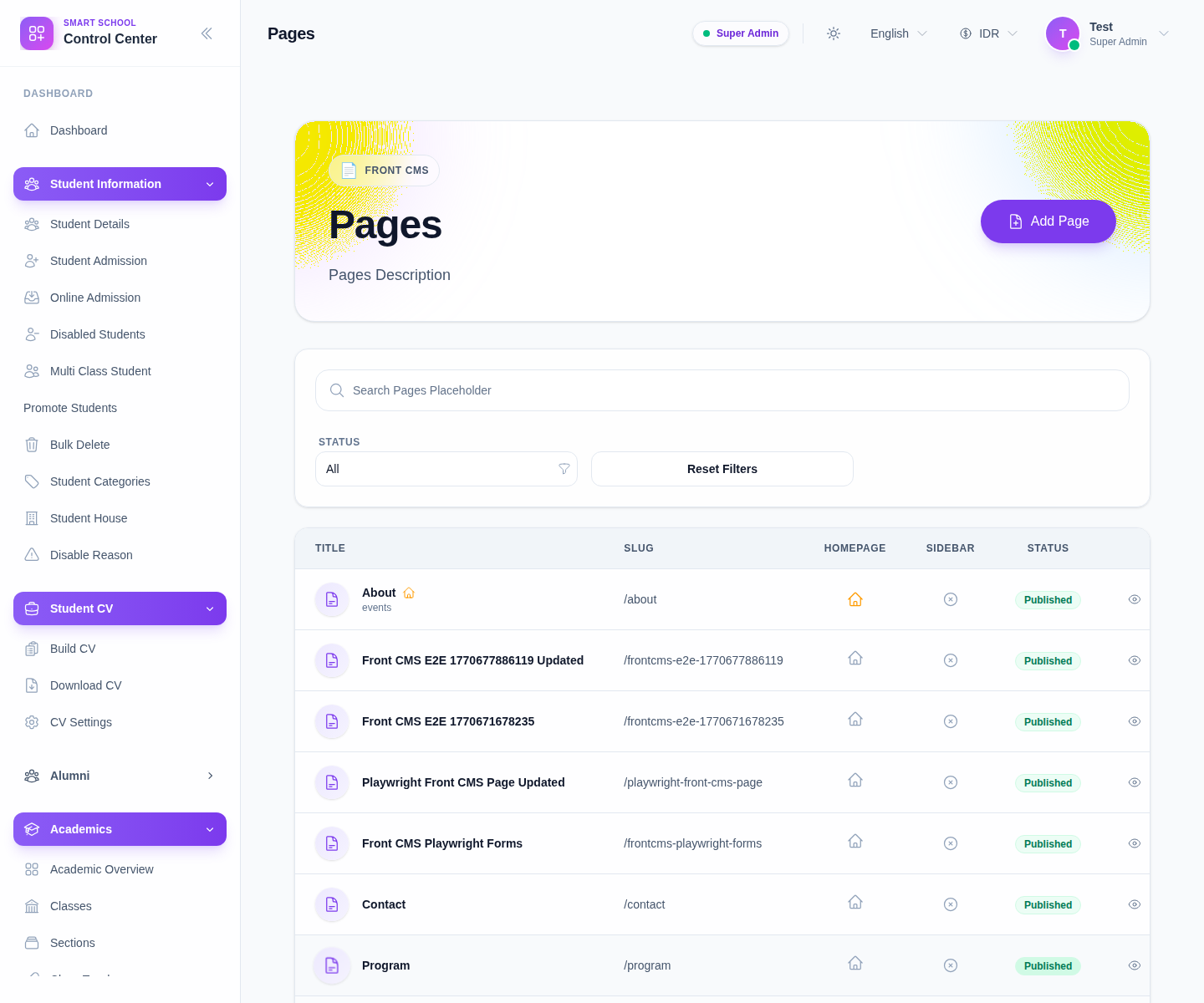 FrontCMS Pages workspace with search, status filter, page table, and add page action.