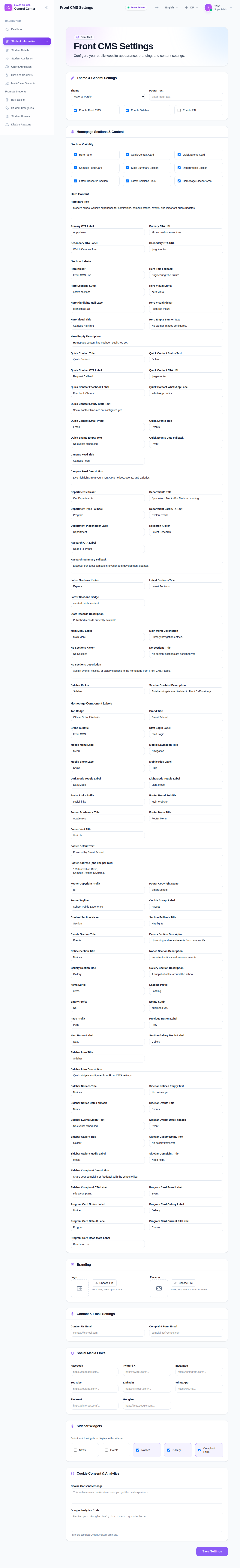 Front CMS Settings workspace with theme controls, homepage section options, branding inputs, social links, and the save button.