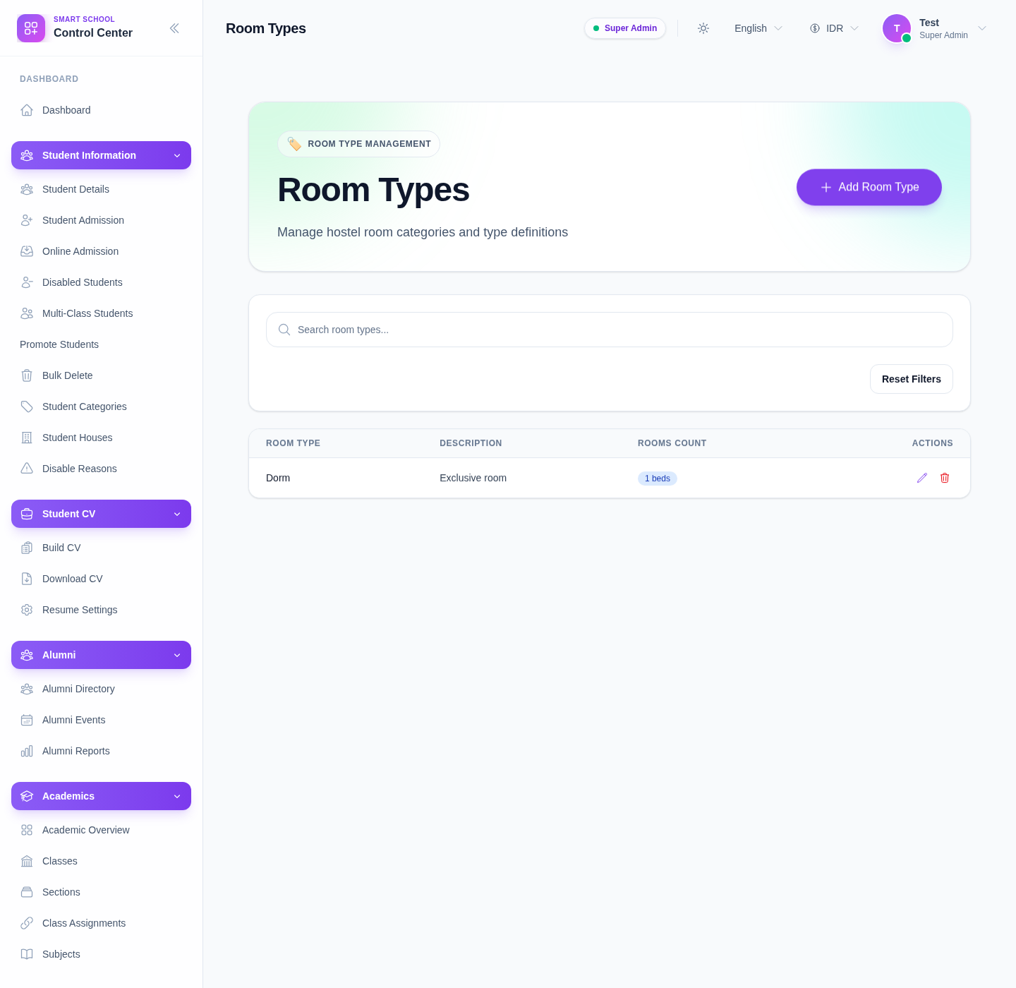 Room Types workspace showing the search area, add action, and the room-type table.