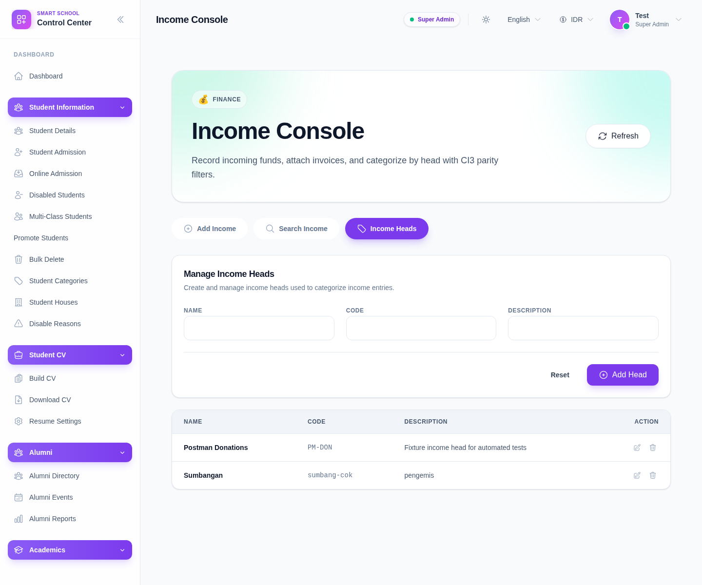 Income Console Income Heads tab showing the head form and the table of existing income heads.