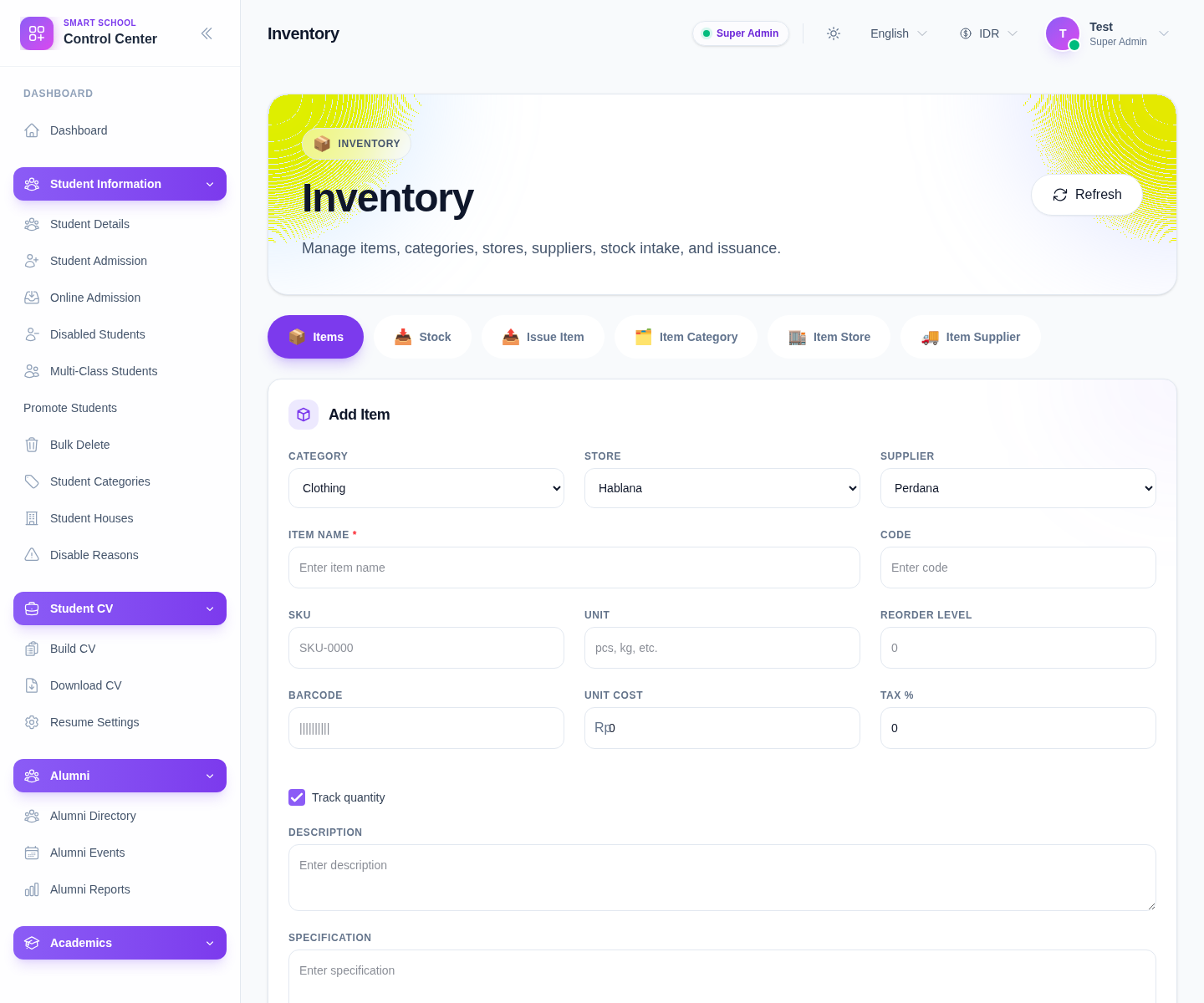 Inventory workspace Items tab showing the add-item form, filters, and item table.