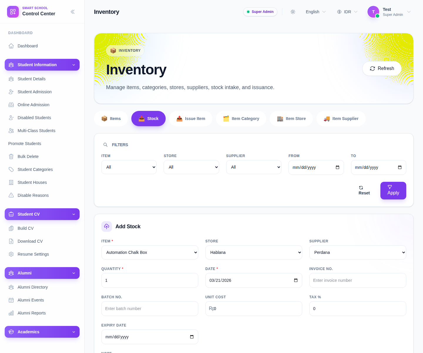 Inventory workspace Stock tab showing filters, the add-stock form, and the recent stock table.