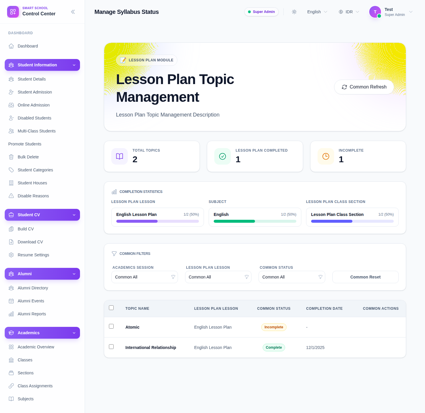 Manage Syllabus Status workspace showing topic statistics, filter controls, and the topic status table.