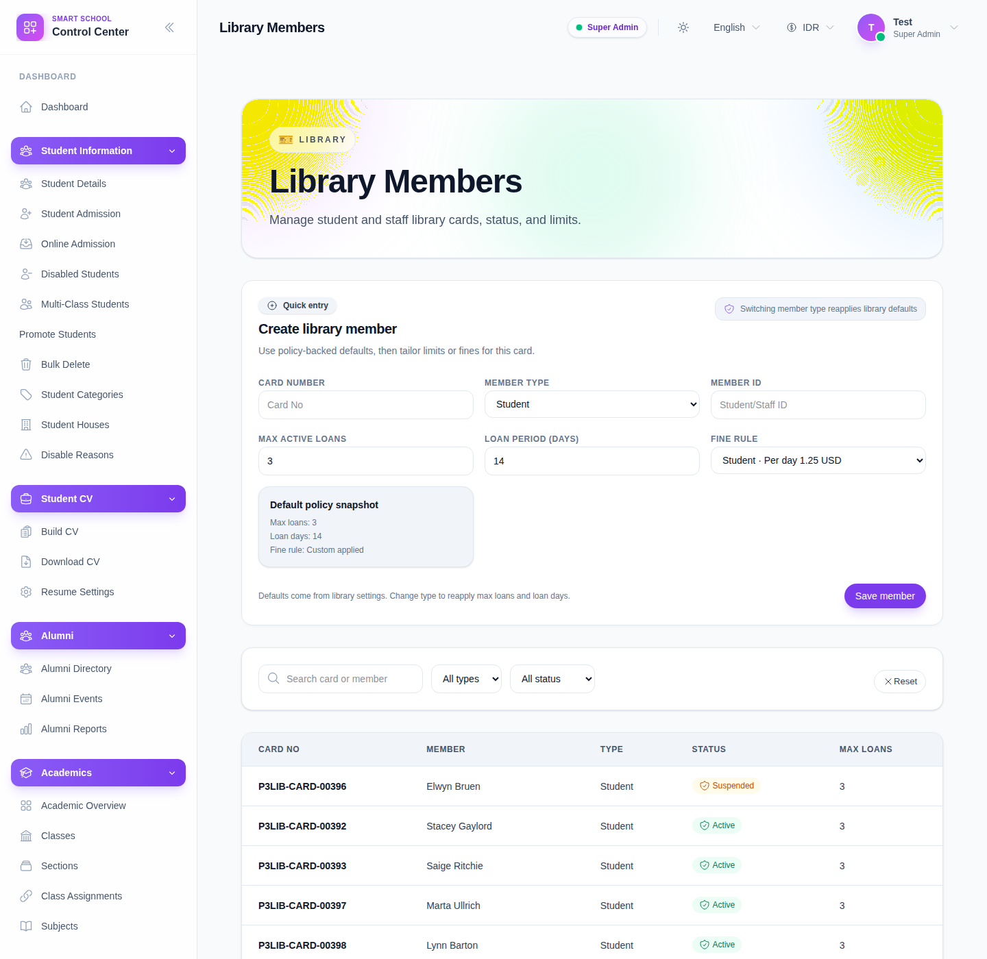 Library Members workspace showing the quick-create form, policy snapshot, filters, and members table.