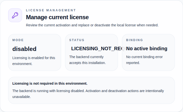 License management panel showing Mode, Status, and Binding cards with disabled-mode messaging.