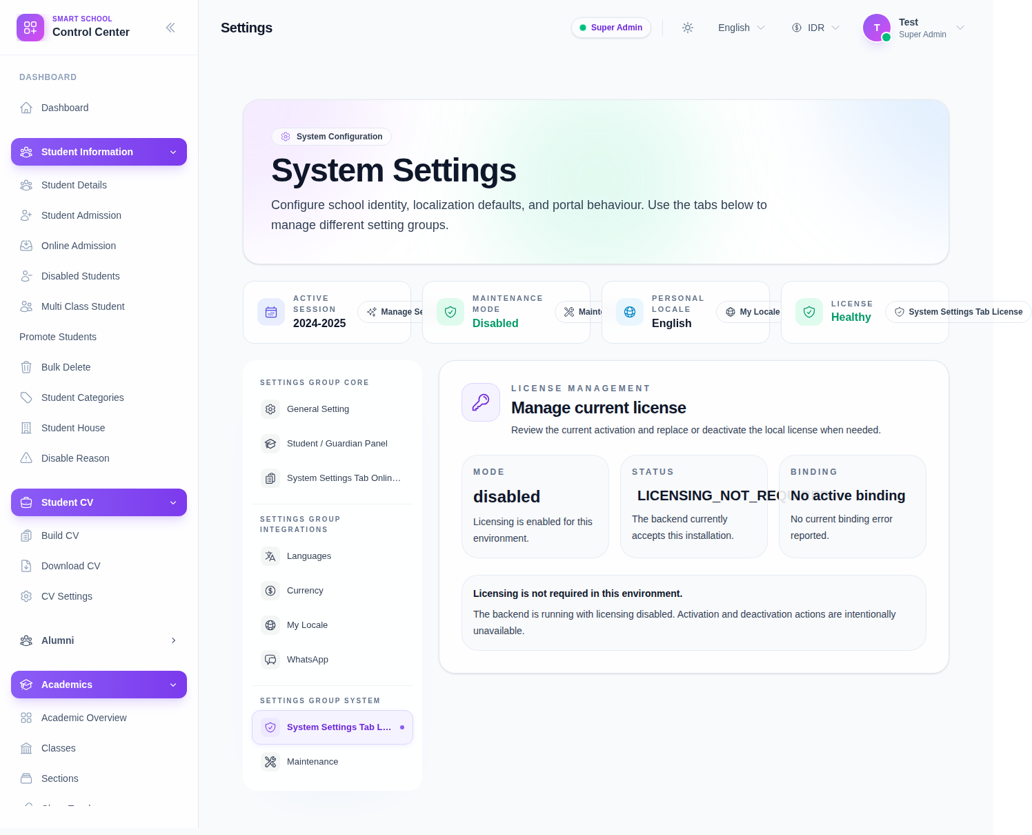 System Settings workspace with the License summary card and the License tab selected in the sidebar.