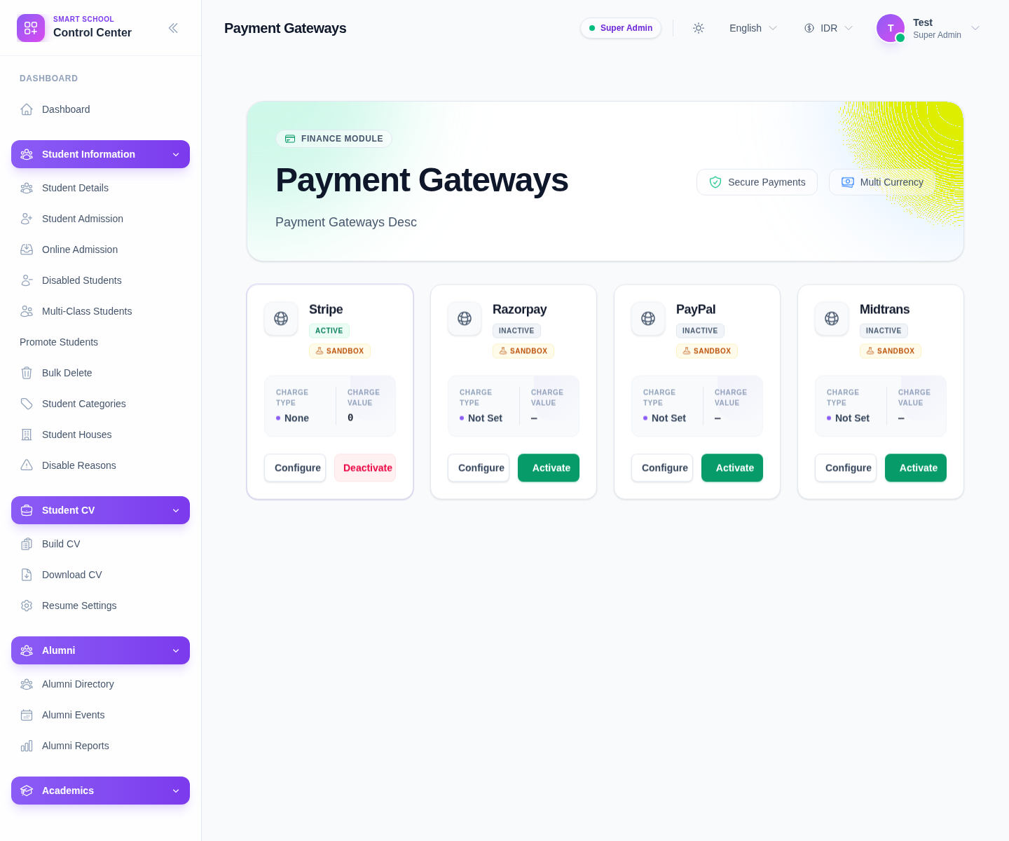Payment Gateways workspace showing gateway cards for Stripe, Razorpay, PayPal, and Midtrans with configure and activation actions.