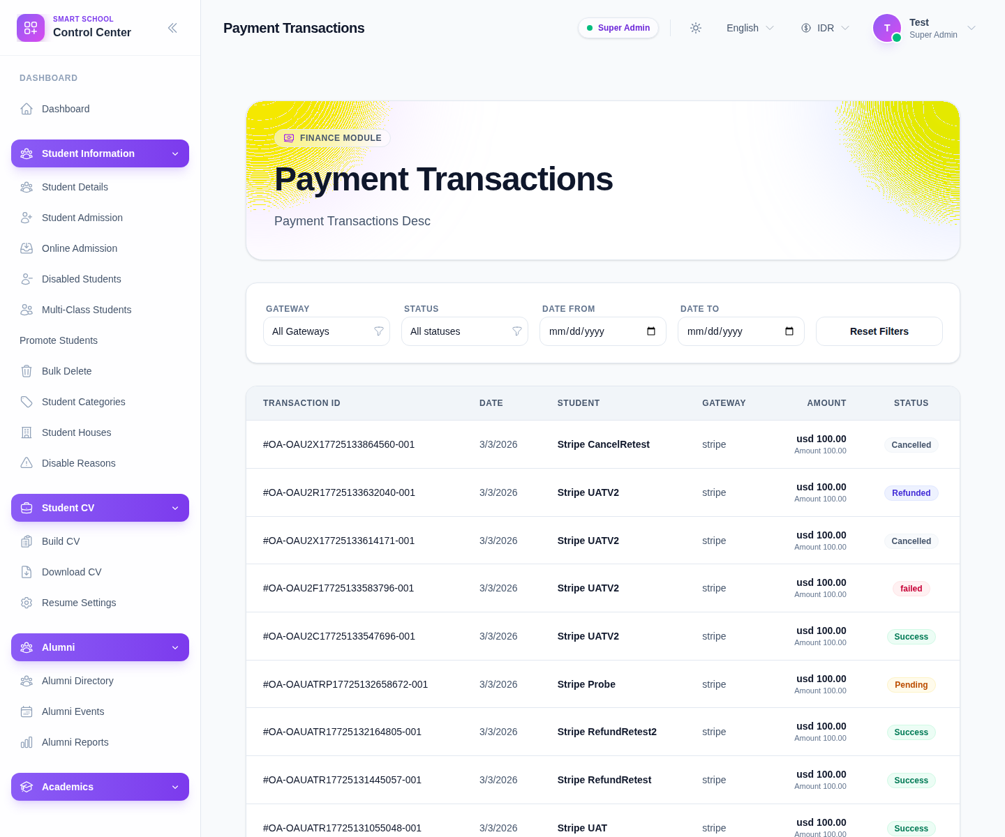 Payment Transactions page showing gateway and status filters, date fields, and the transactions table.
