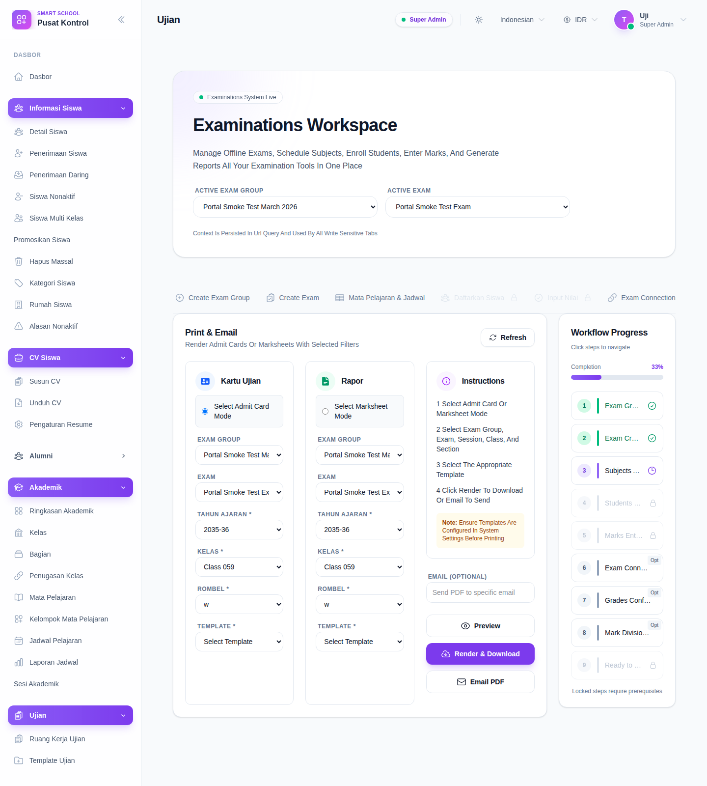 Print & Email panel showing admit-card and marksheet modes, exam context selectors, template selection, and preview or render actions.