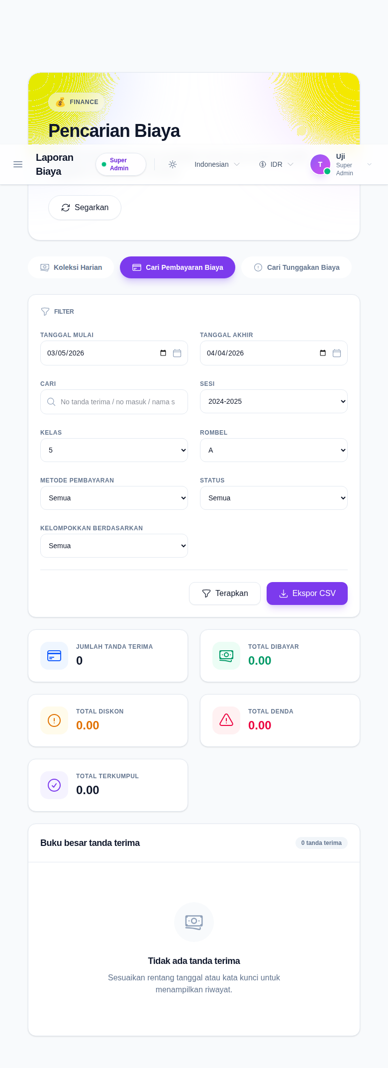 Tuition Fees Reports on the Search Fees Payment branch with date range filters, academic filters, payment mode, status, group-by, summary cards, CSV export, and the receipt ledger area.