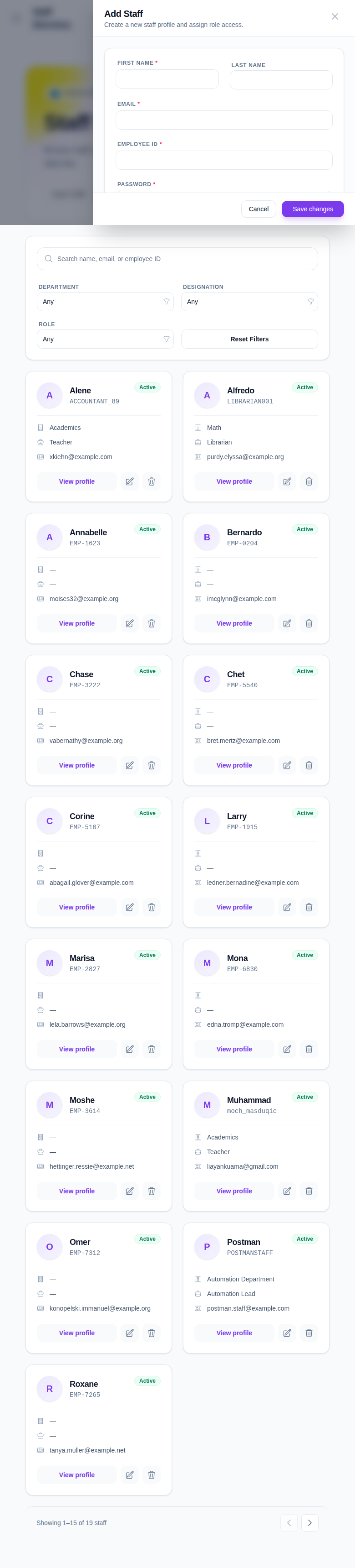 Add Staff form with required and optional staff identity and HR fields.