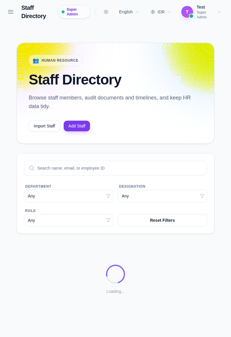 Staff Directory workspace showing filters, list columns, and Add Staff action.