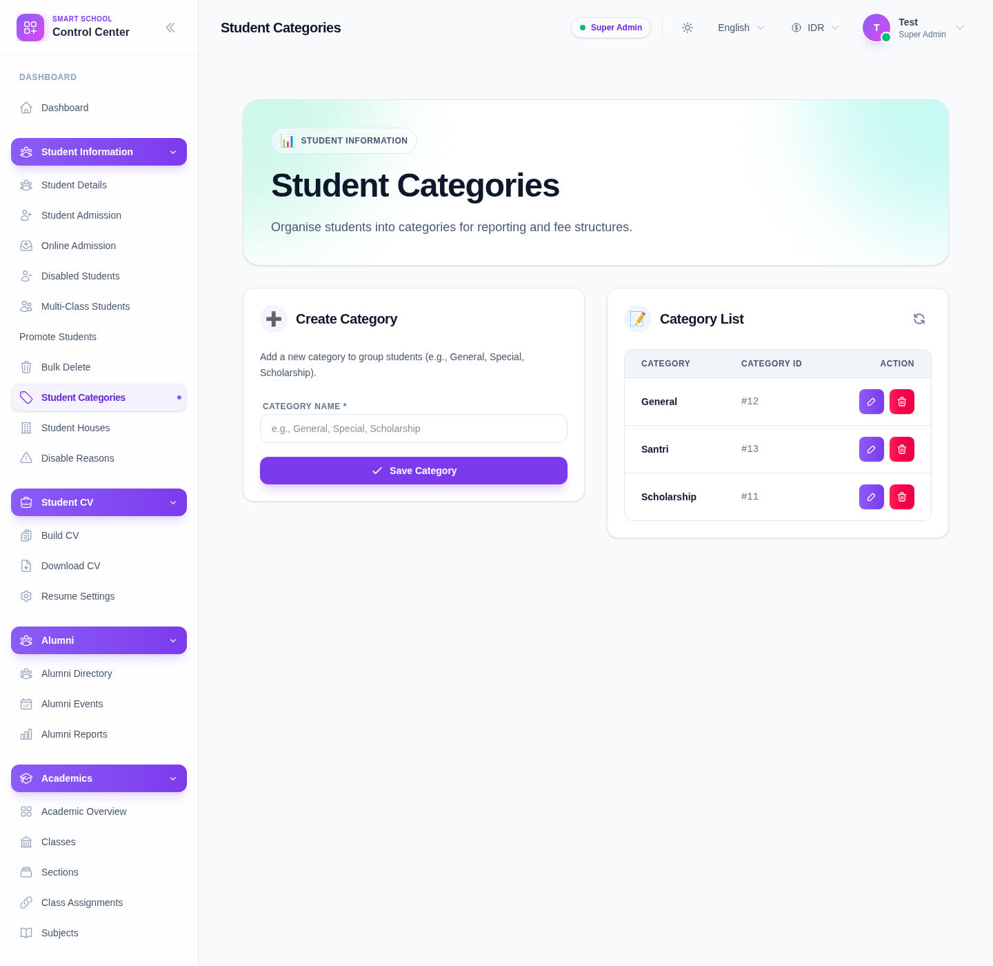 Student Categories page with the Create Category form and the Category List table.