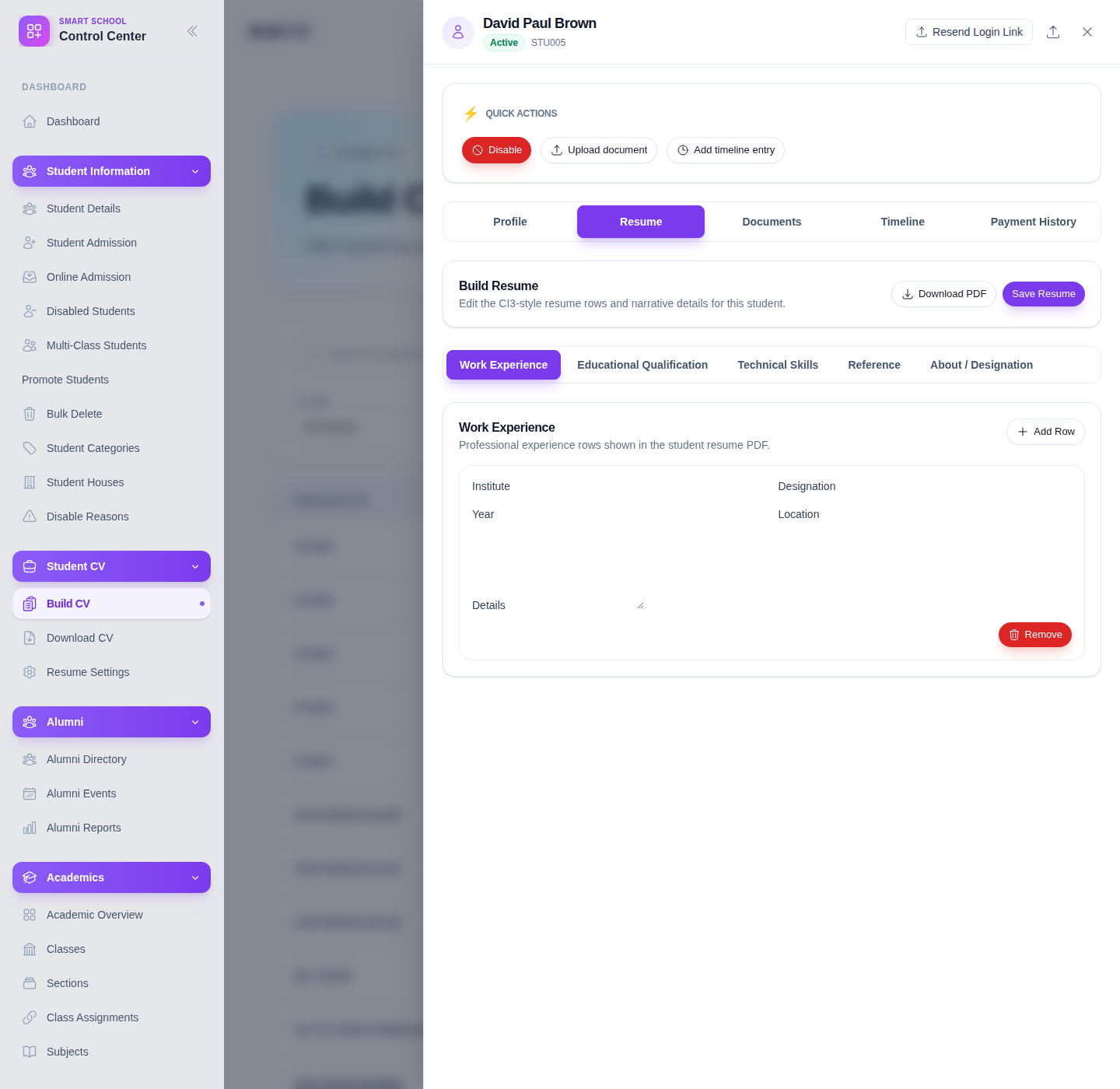 Build CV workspace with the student drawer open and resume editing sections visible.