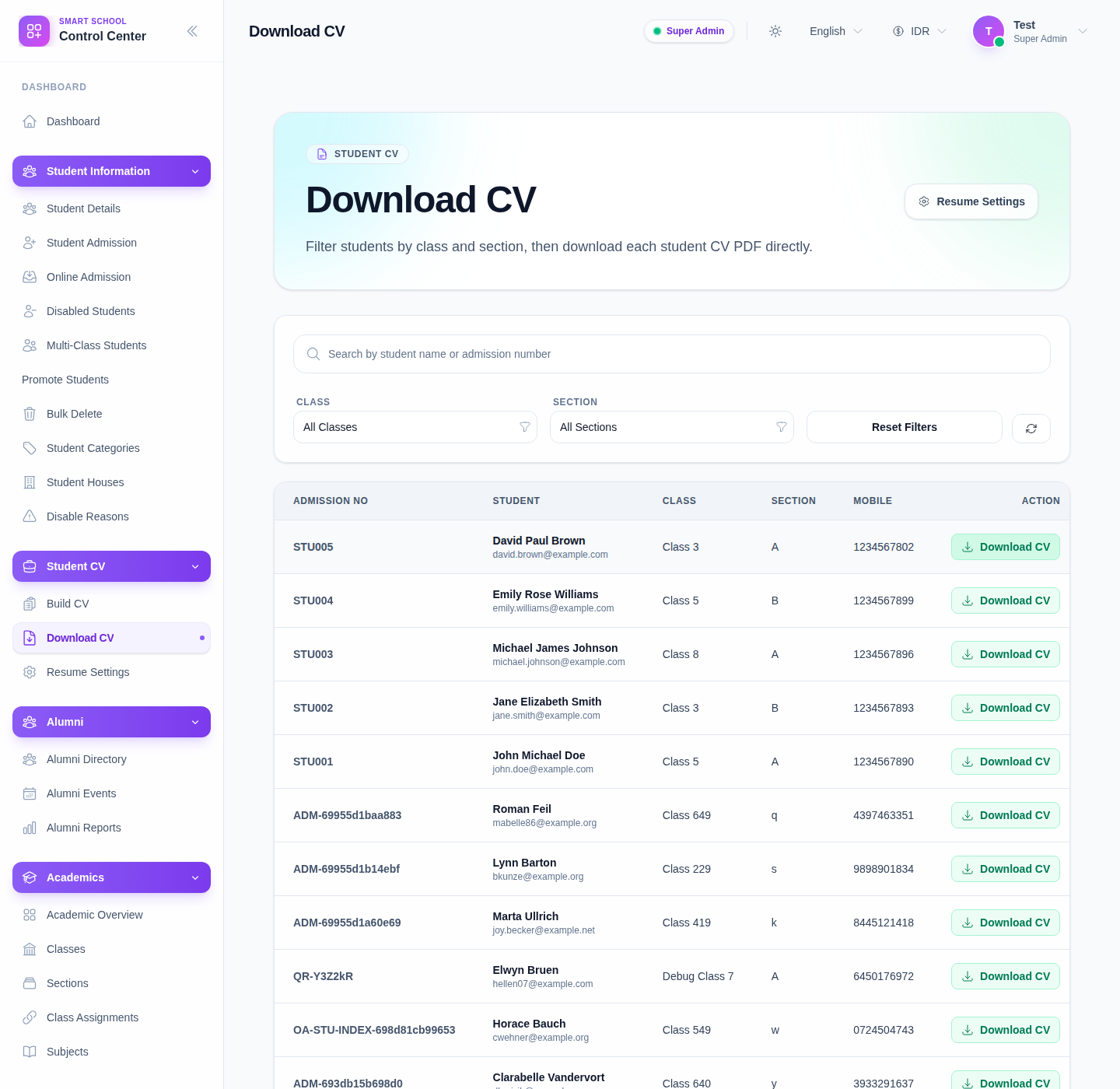 Download CV workspace with search, class and section filters, and download actions on student rows.