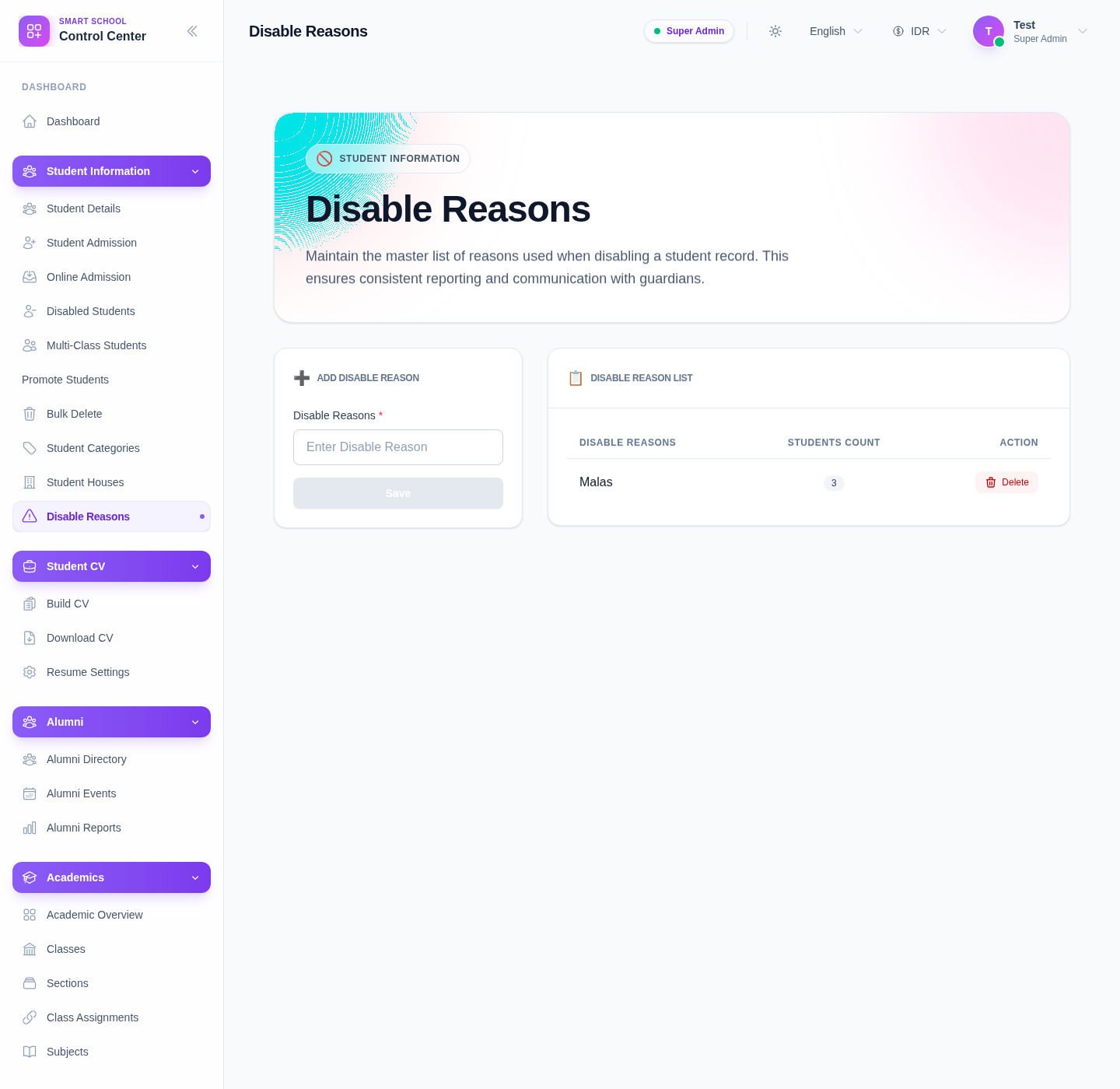 Disable Reasons page with the Add Disable Reason form and the Disable Reason List table.